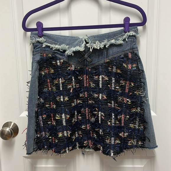 LUXURY BUTTON FRONT FOLDOVER HIGH RISE A-LINE TWEED DENIM MINI SKIRT - Picture 2 of 5